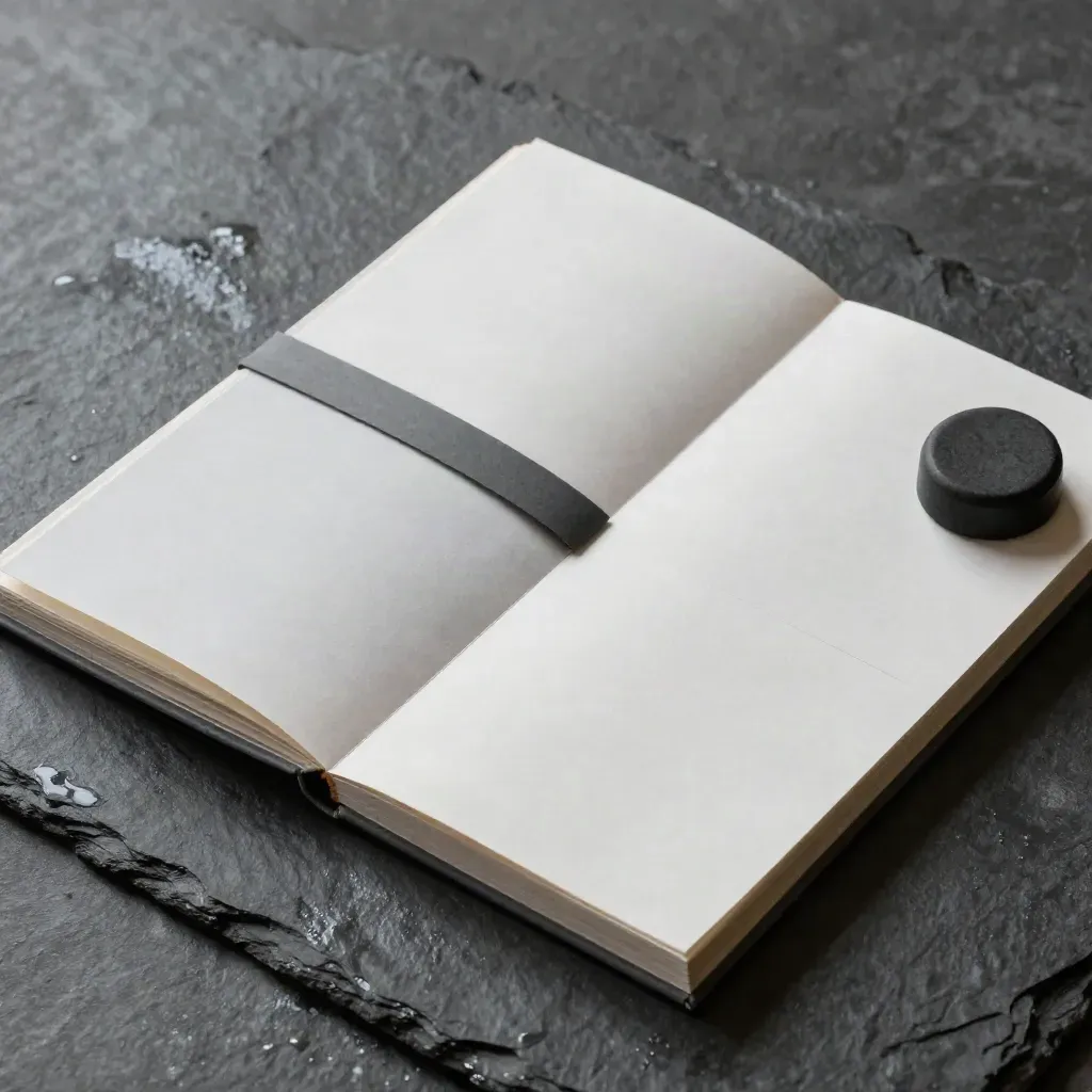 Överifrån syns en affärsmodell-workbook på våt skiffer med stenpappervikt.