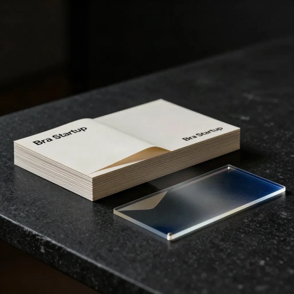 Lanseringssprint-kit i mörk studio med kort, transparenta prover och dramatisk ljussättning