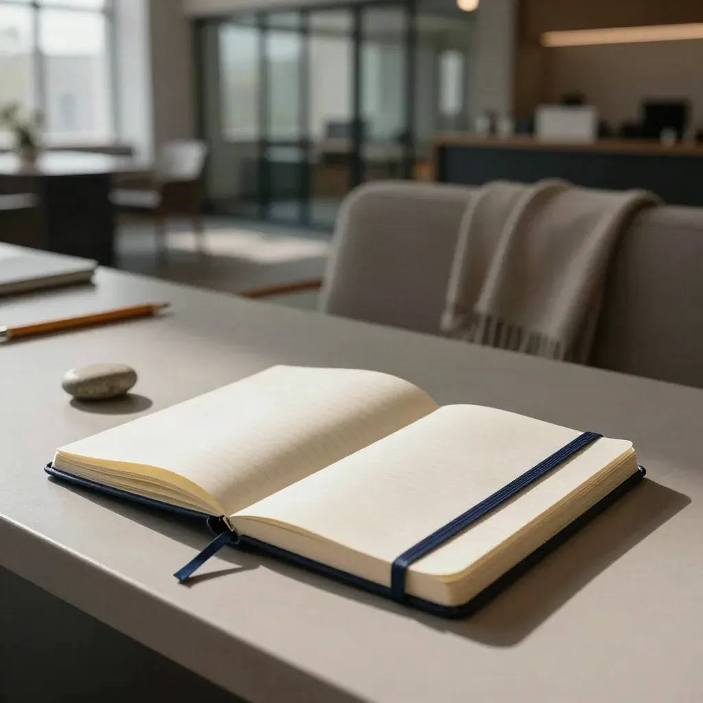 Öppen strategianteckningsbok på en ljus bänk med blyertsstump och sten i ett coworkingrum.